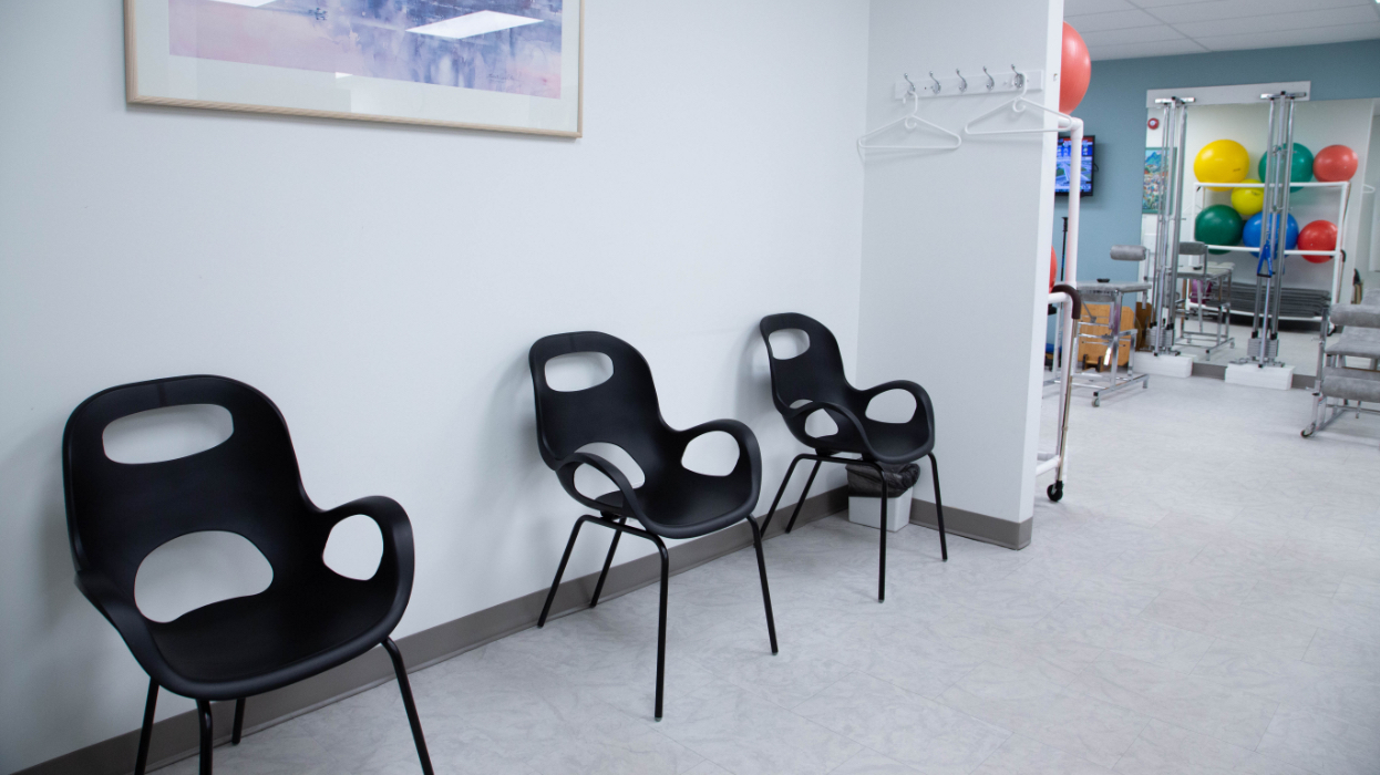 New seating area at our Wynford Location. Black plastic chairs are easy to disinfect, and maintain a healthy environment.